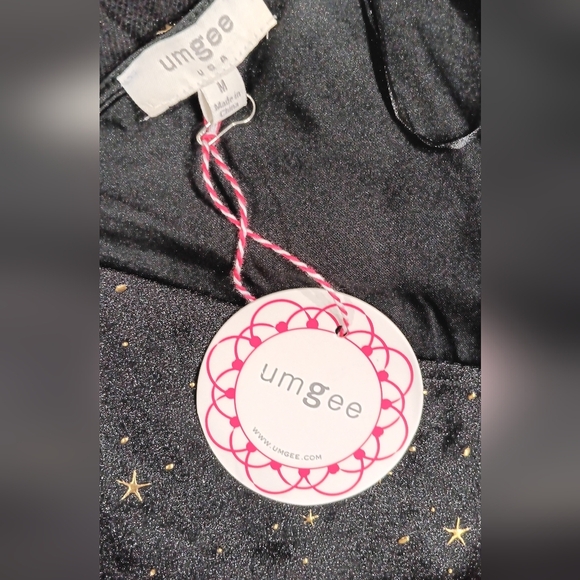 UMGEE Peasant Blouse Ballon Sheer Sleeve Plunge Neck Casual Top Gold Accent Sz M - Picture 11 of 12